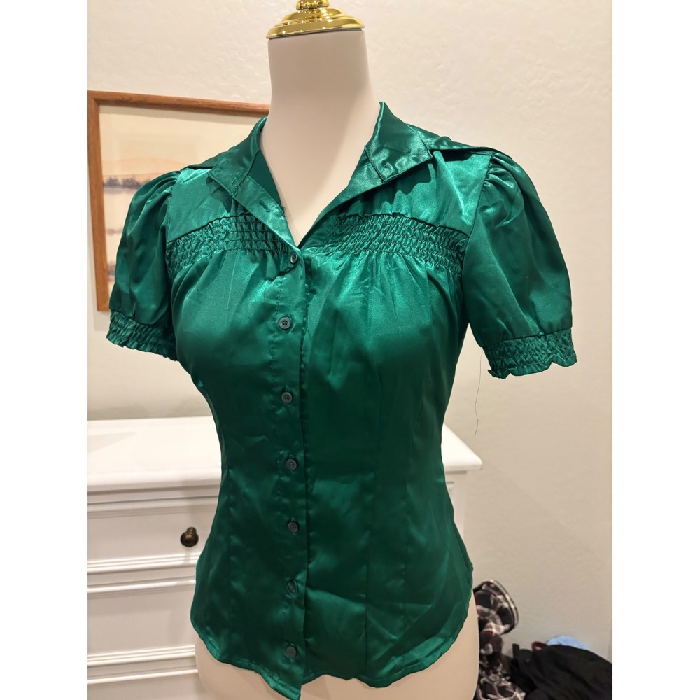 y2k Silk Blouse Emerald Green preppy Satin Smocked Puff Sleeve Top Small